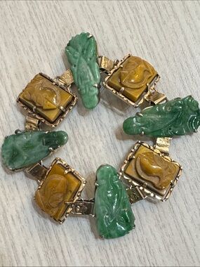 Antique STERLING SILVER Chinese buddha carved jadeite carved tigers eye soldier